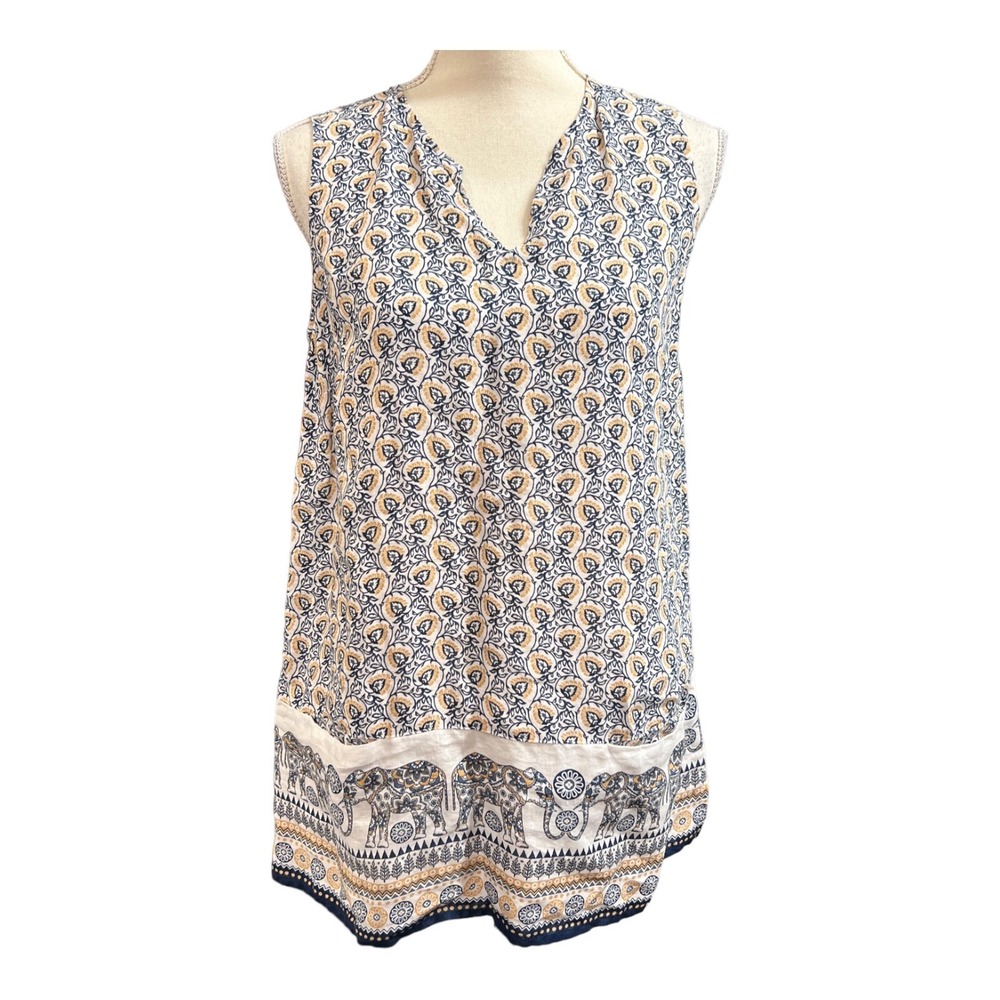 J Jill Love Linen Top Blue Elephant Floral Print Size S Sleeveless‎ Tunic Summer